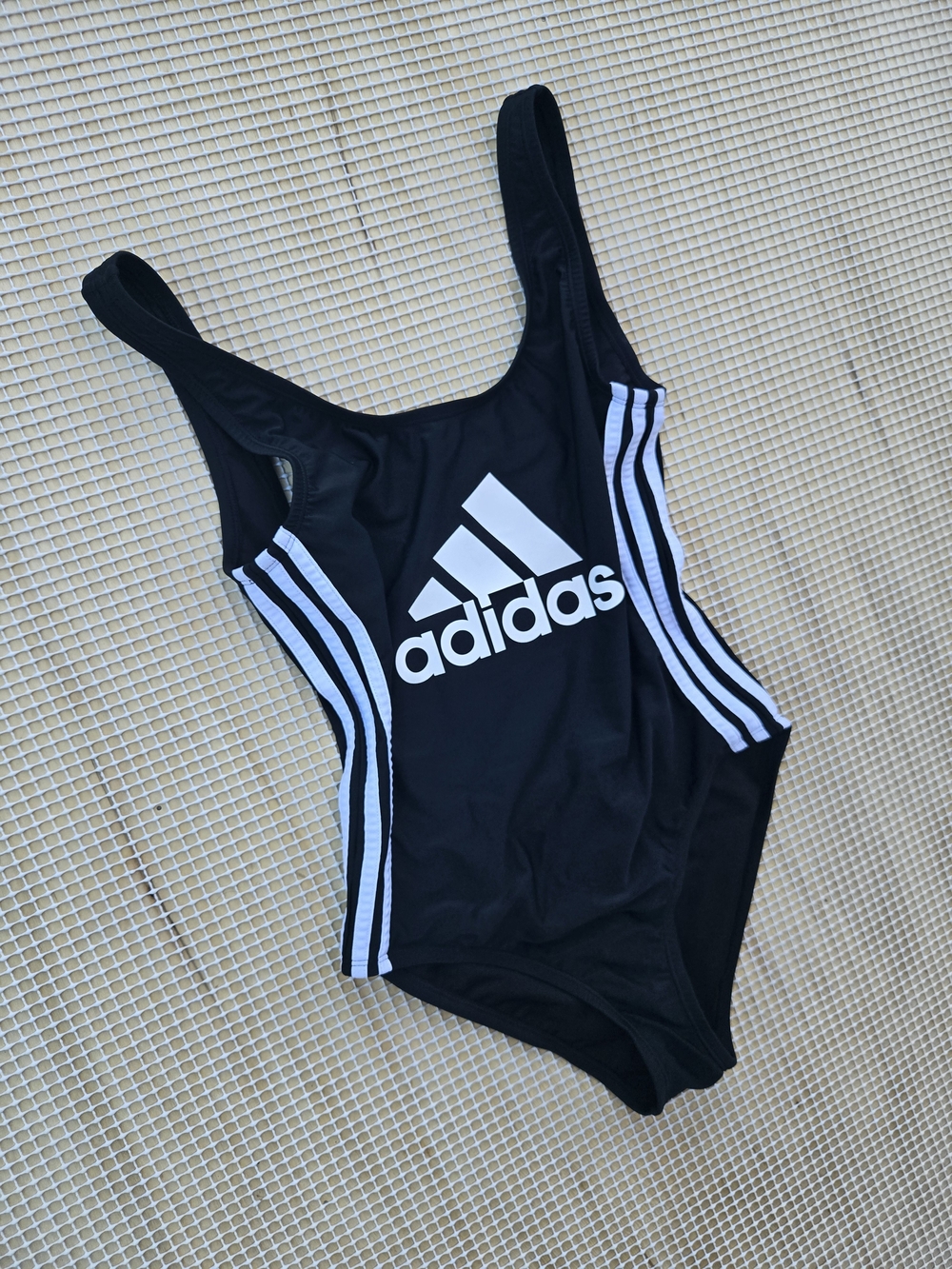 adidas Black One-Piece Swim Suit with White Logo & Side Stripes